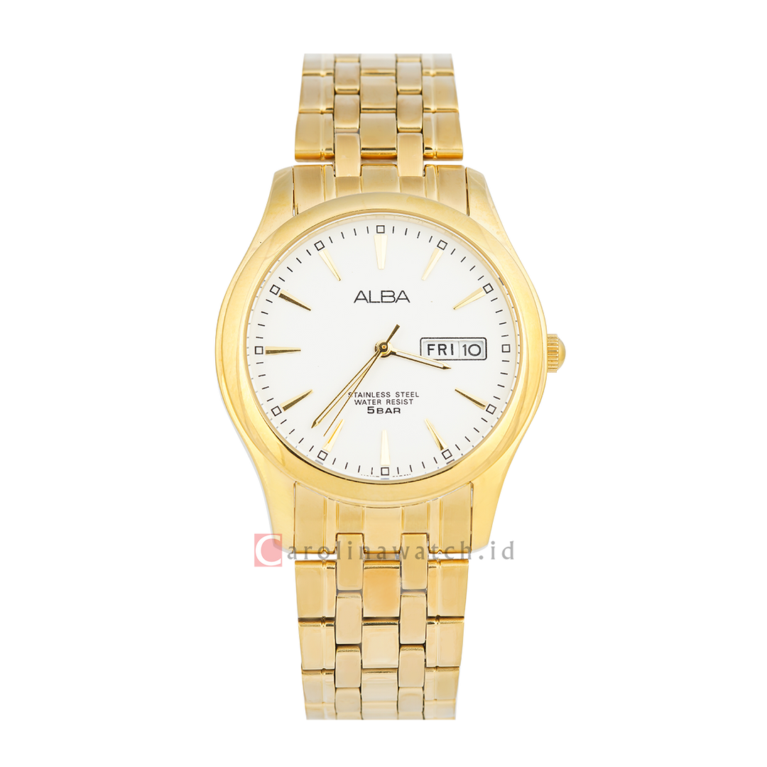 Jam Tangan Alba Prestige AXND40X1 Men White Dial Gold Stainless Steel Strap