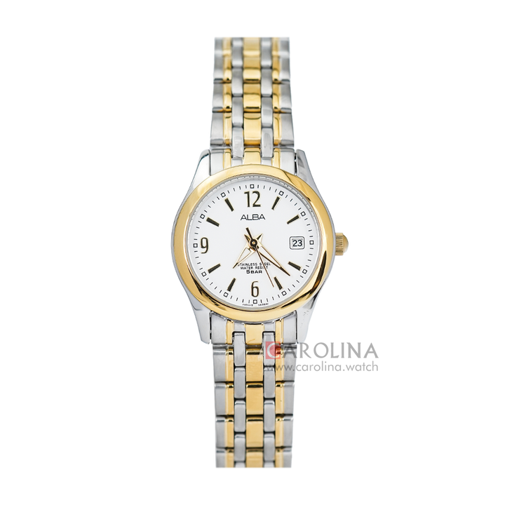 Jam Tangan ALBA Fashion AXT856X1 Women White Dial Dual Tone Stainless Steel Strap