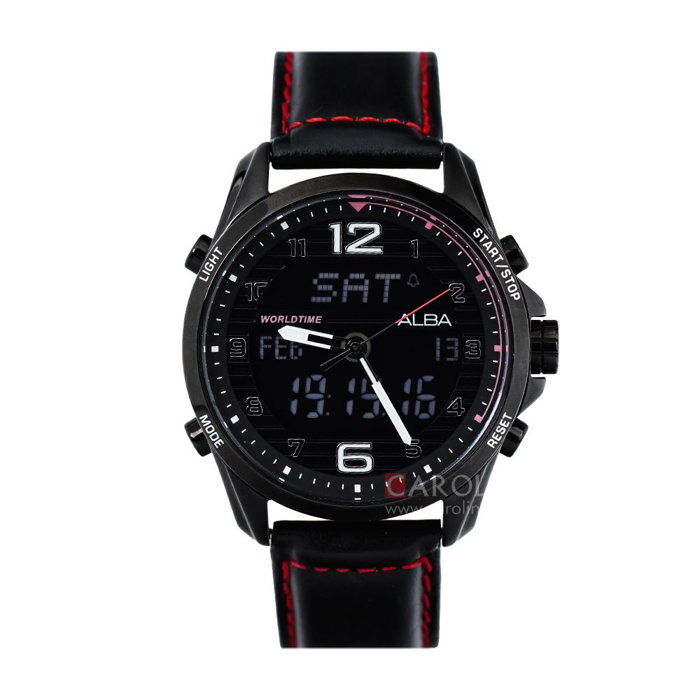Jam Tangan ALBA AZ4009X1 Men Black Patterned Dial Digital Analog Black Leather Strap