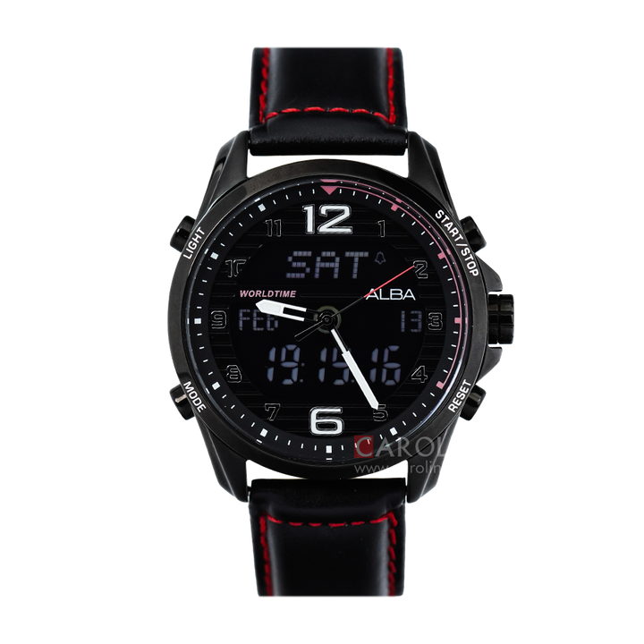 Jam Tangan ALBA AZ4009X1 Men Black Patterned Dial Digital Analog Black Leather Strap