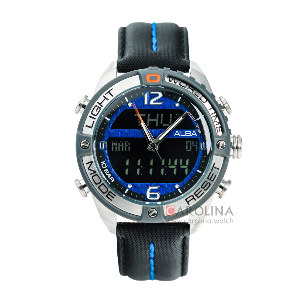 Jam Tangan ALBA Signa AZ4021X1 Men Blue Digital Analog Dial Black Leather Strap