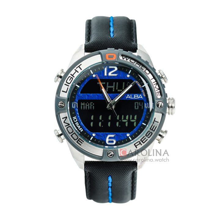 Jam Tangan ALBA Signa AZ4021X1 Men Blue Digital Analog Dial Black Leather Strap