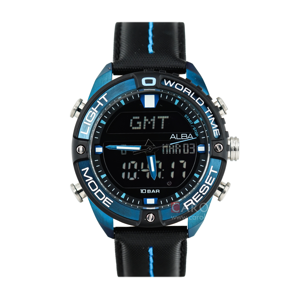 Jam Tangan ALBA AZ4041X1 Men World Time Chronograph Black Digital Analog Dial Black Leather Strap
