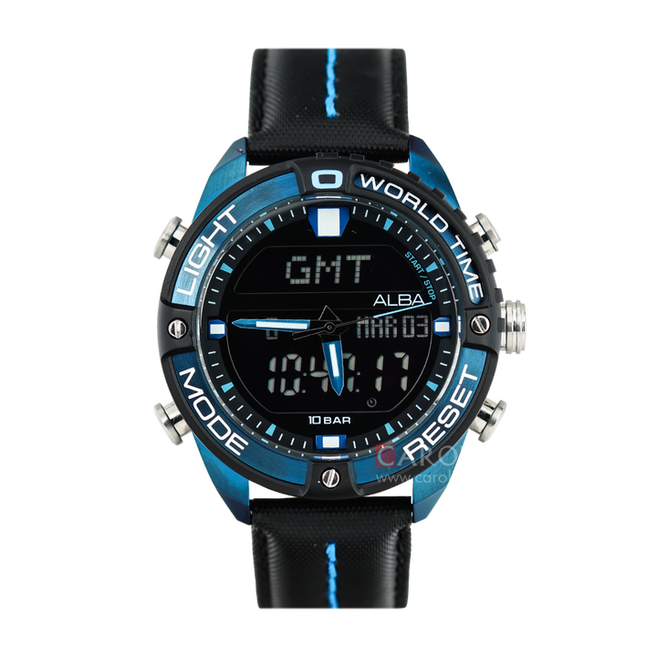 Jam Tangan ALBA AZ4041X1 Men World Time Chronograph Black Digital Analog Dial Black Leather Strap