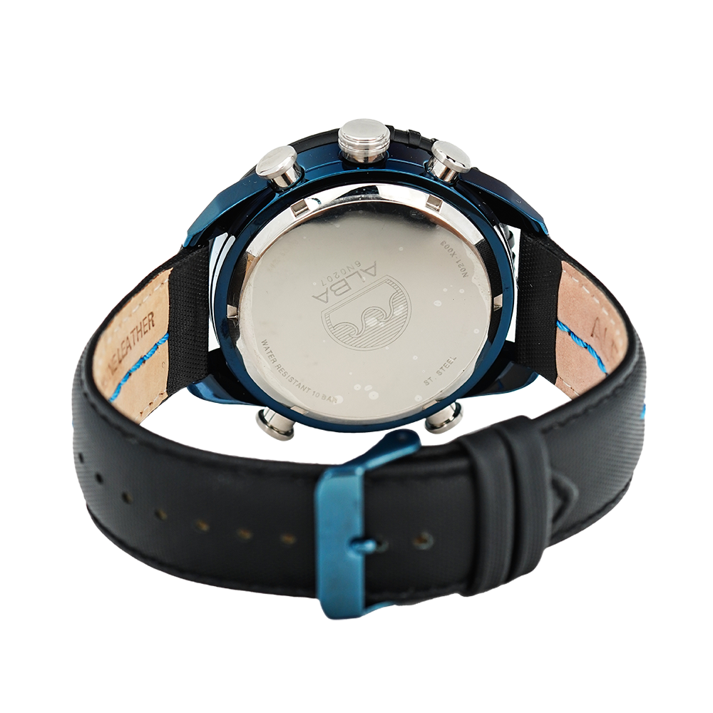 Jam Tangan ALBA AZ4041X1 Men World Time Chronograph Black Digital Analog Dial Black Leather Strap