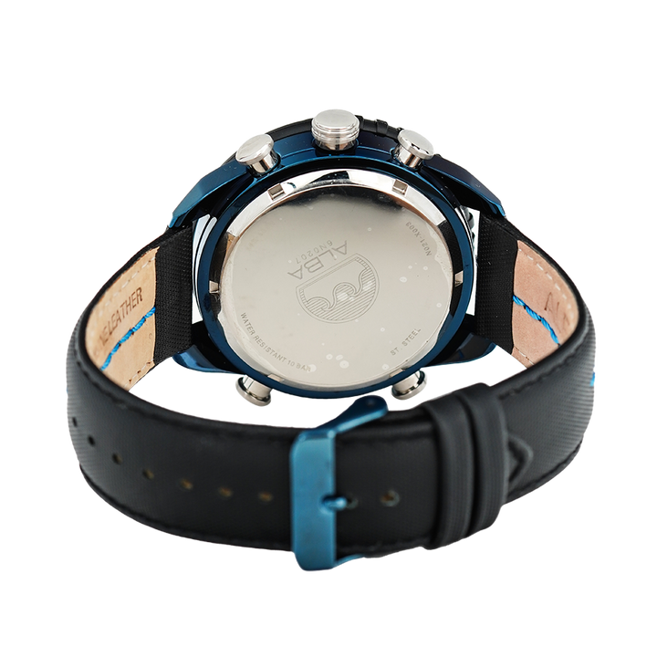 Jam Tangan ALBA AZ4041X1 Men World Time Chronograph Black Digital Analog Dial Black Leather Strap
