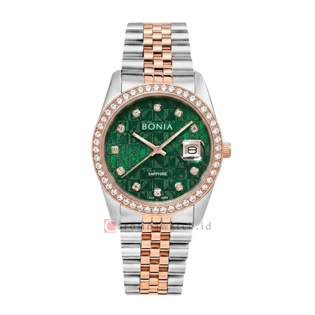Jam Tangan BONIA Noble B10550-1696S Men Green Monogram Dial Dual Tone Stainless Steel Strap