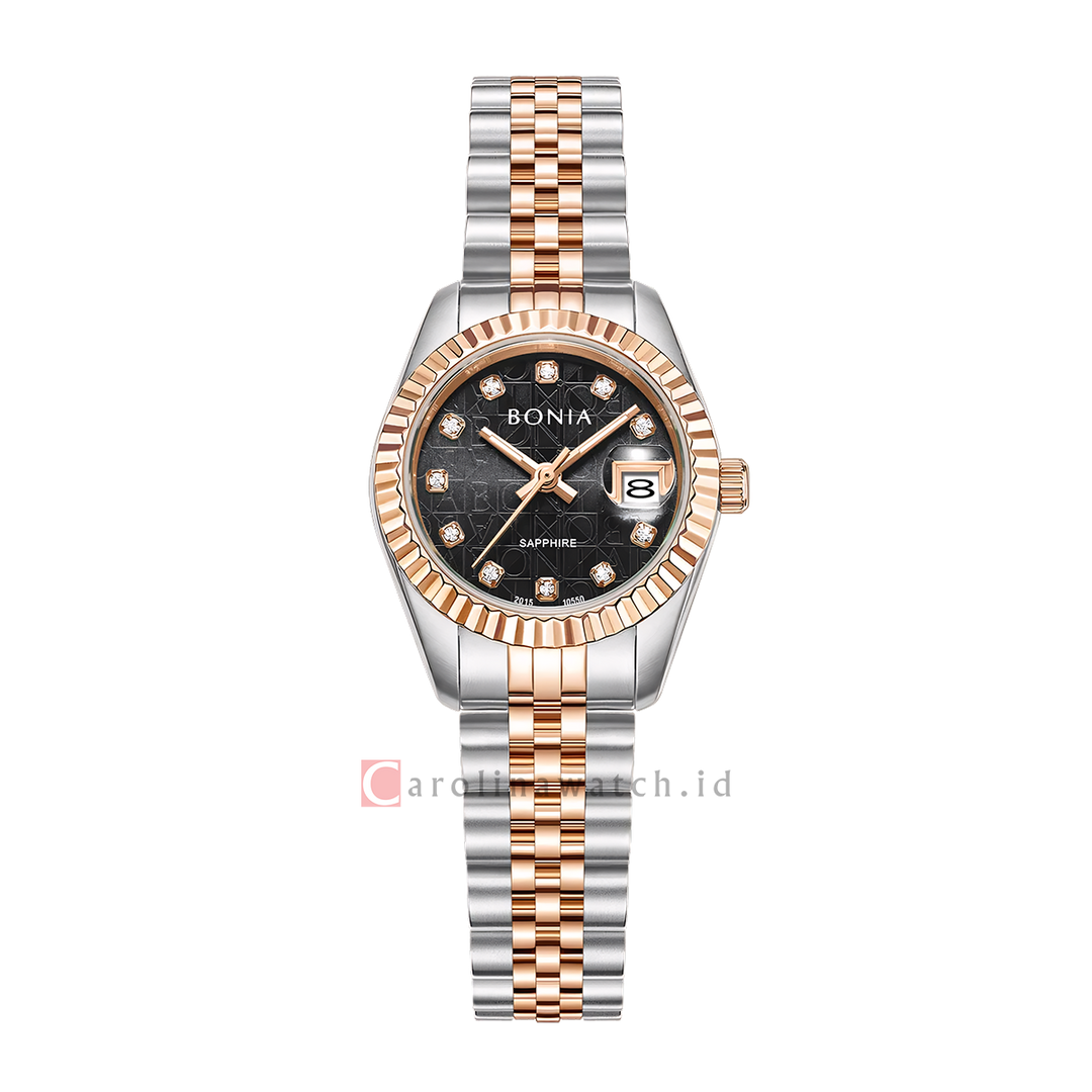 Jam Tangan BONIA Noble B10550-2637 Women Black Monogram Dial Dual Tone Stainless Steel Strap