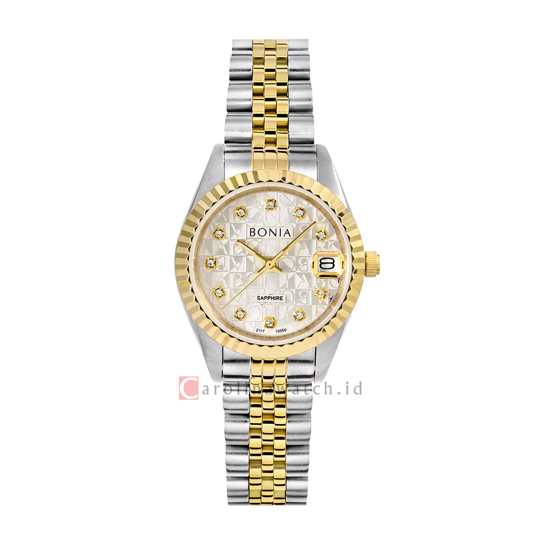 Jam Tangan Bonia Noble B10550-4116 Women White Monogram Dial Dual Tone Stainless Steel Strap