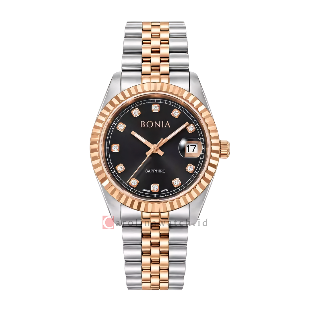 Jam Tangan Bonia Noble B10550-4637 Women Black Dial Dual Tone Stainless Steel Strap