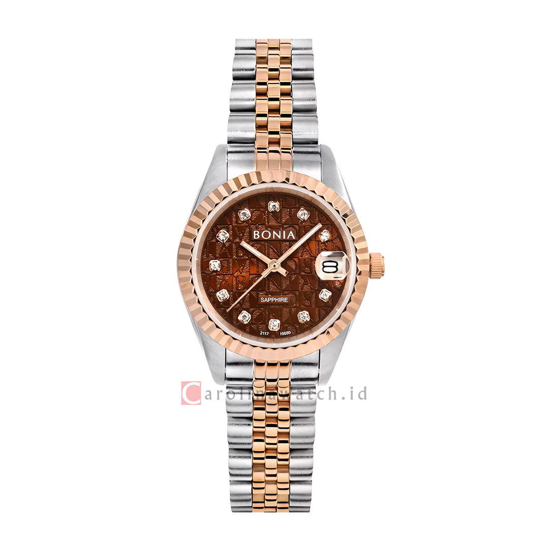Jam Tangan Bonia Noble B10550-4646 Women Brown Monogram Dial Dual Tone Stainless Steel Strap