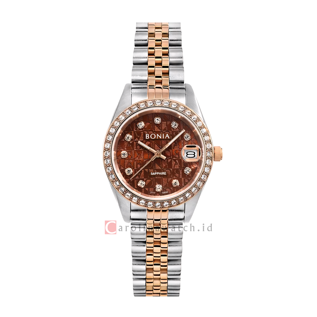 Jam Tangan Bonia Noble B10550-4646S Women Brown Monogram Dial Dual Tone Stainless Steel Strap