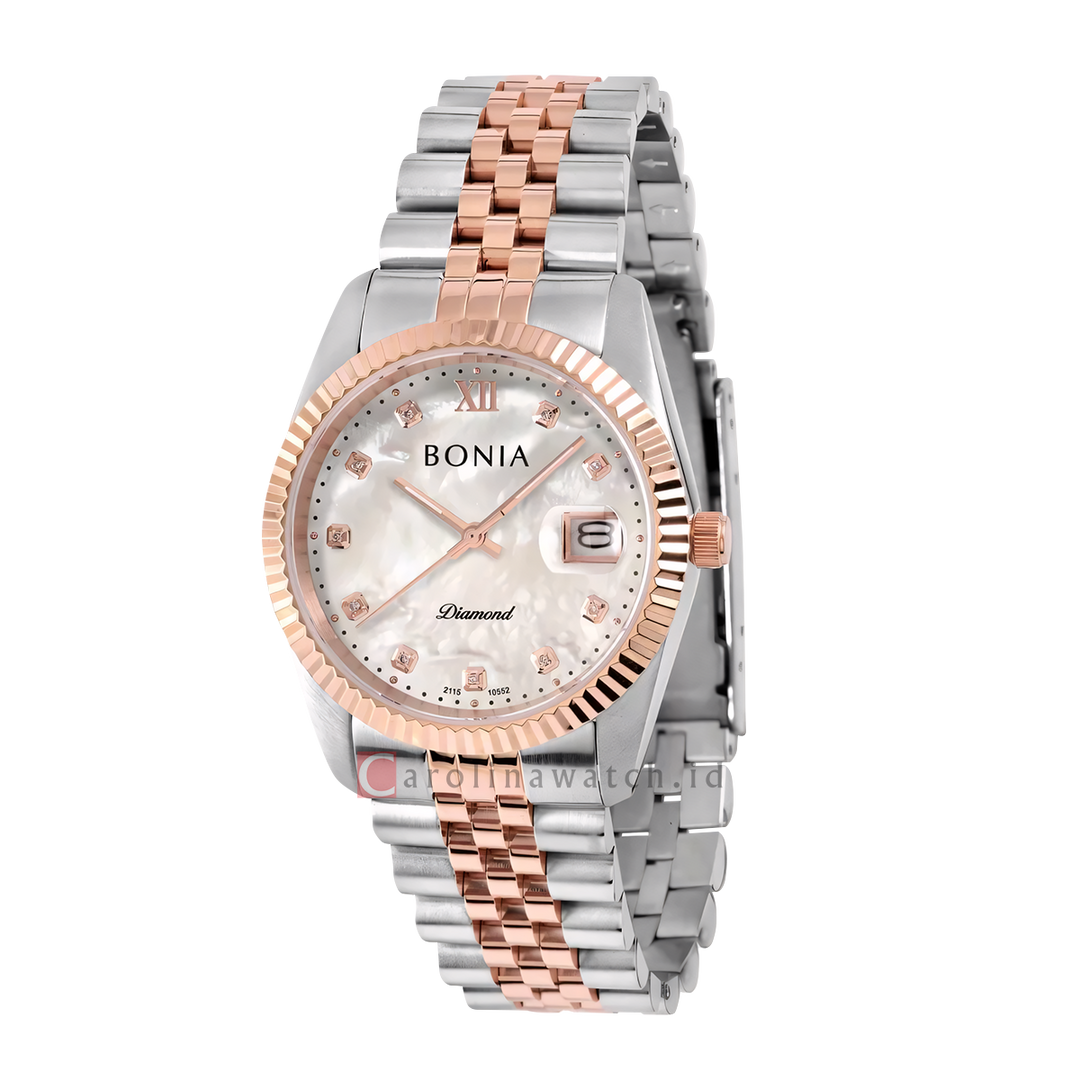 Jam Tangan Bonia Noble B10552-1658 Women White MOP Dial Dual Tone Stainless Steel Strap