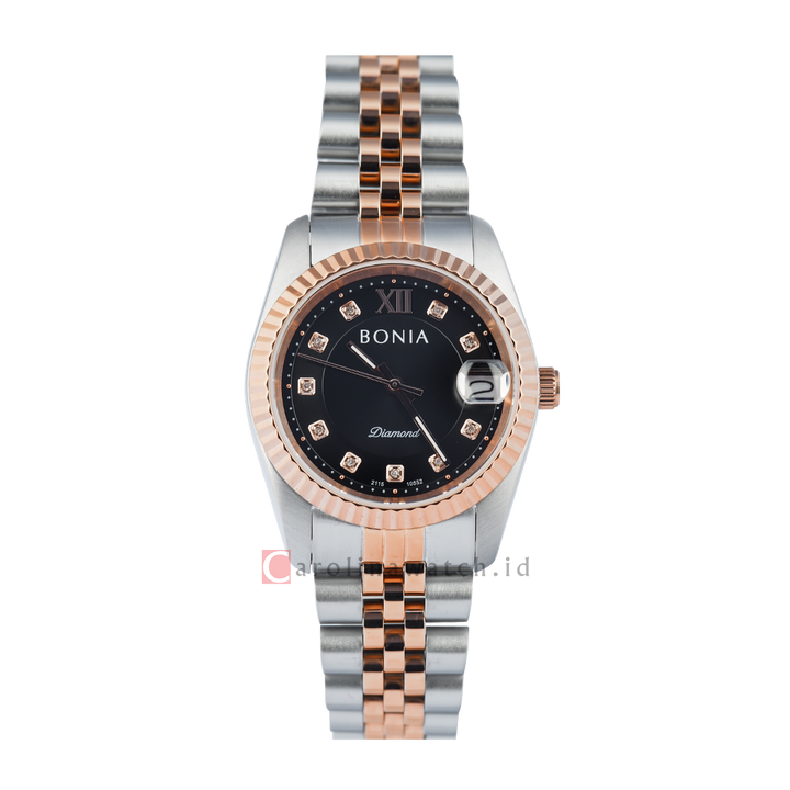 Jam Tangan BONIA B10552-3633 Women Black Dial Dual Tone Stainless Steel Strap