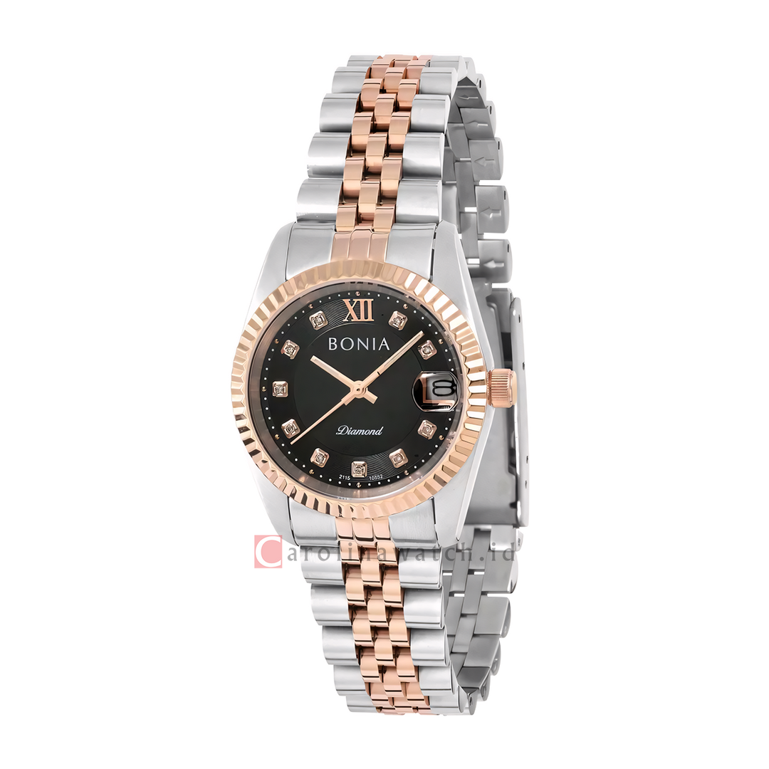 Jam Tangan Bonia Noble B10552-3638 Women Black Dial Dual Tone Stainless Steel Strap