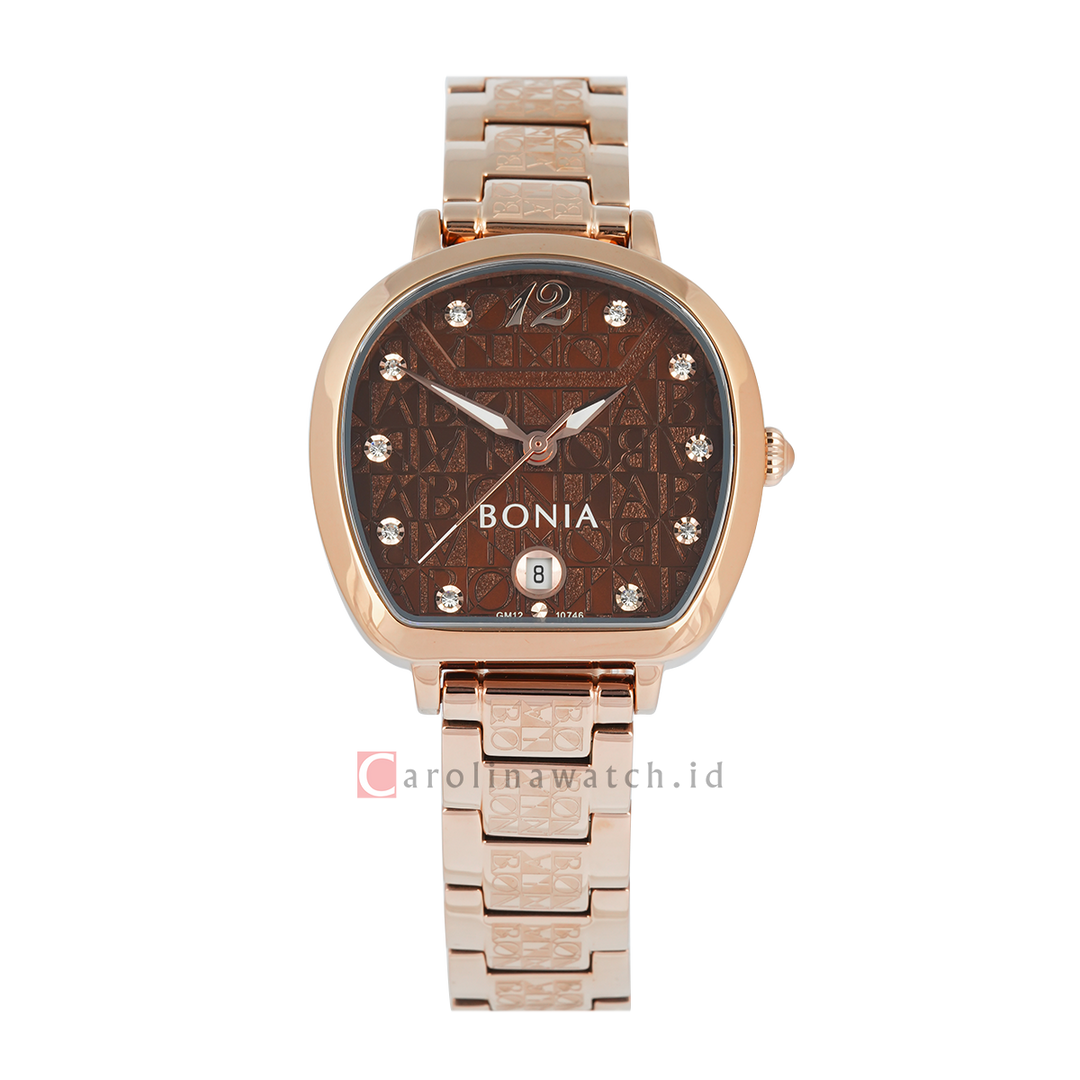 Jam Tangan BONIA B10746-2545 Women Brown Monogram Dial Rose Gold Stainless Steel Strap