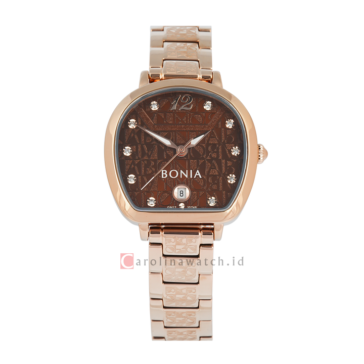 Jam Tangan BONIA B10746-2545 Women Brown Monogram Dial Rose Gold Stainless Steel Strap