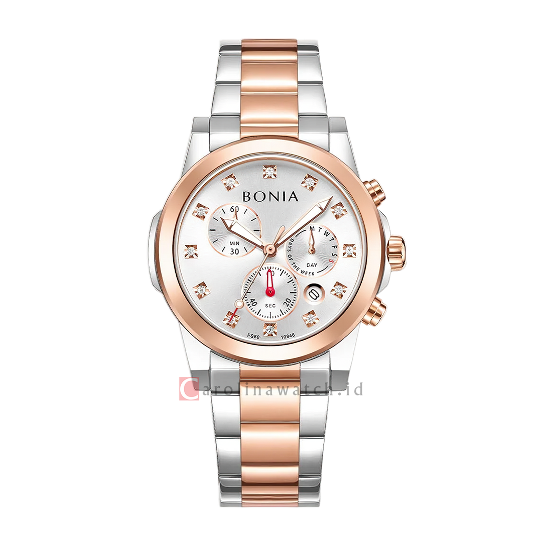 Jam Tangan BONIA Chronograph B10846-2617C Women Silver Dial Dual Tone Stainless Steel Strap
