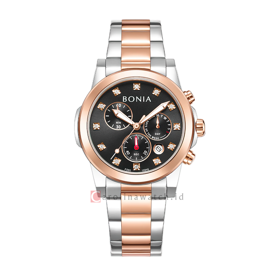 Jam Tangan BONIA Chronograph B10846-2637C Women Black Dial Dual Tone Stainless Steel Strap