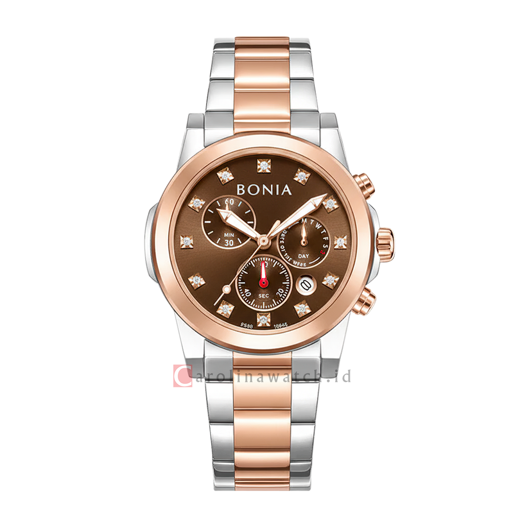 Jam Tangan BONIA Chronograph B10846-2647C Women Brown Dial Dual Tone Stainless Steel Strap