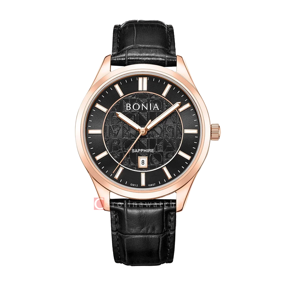 Jam Tangan BONIA B10857-1532 Men Black Dial Black Leather Strap