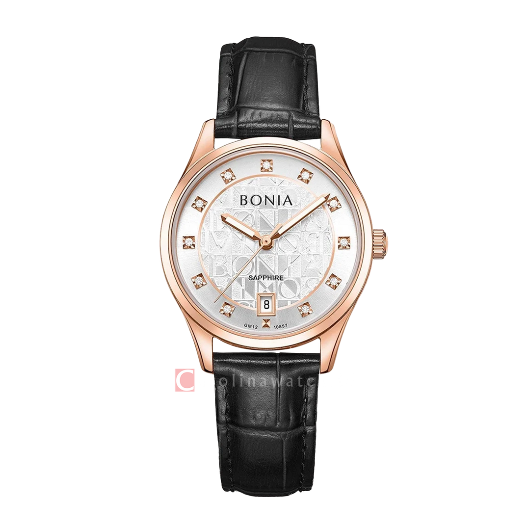 Jam Tangan BONIA B10857-2517 Women Silver Dial Black Leather Strap