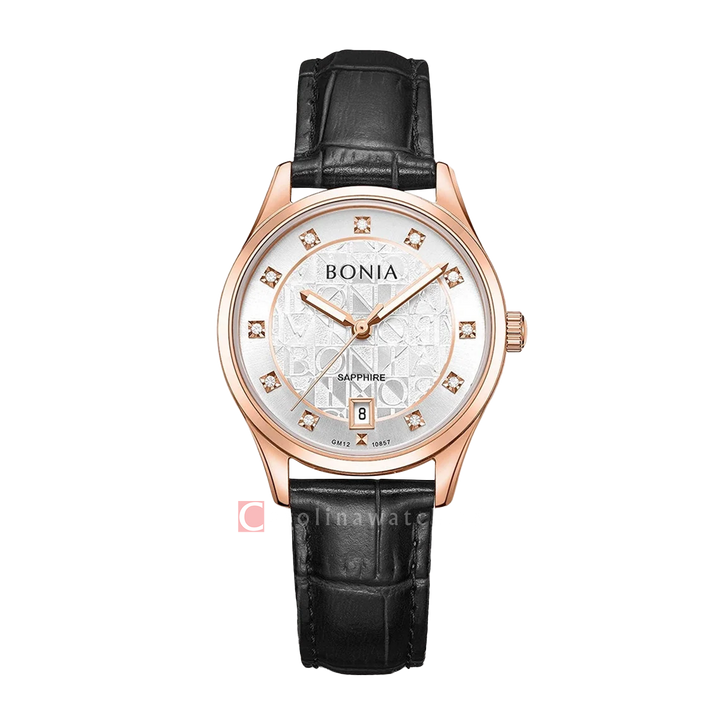 Jam Tangan BONIA B10857-2517 Women Silver Dial Black Leather Strap