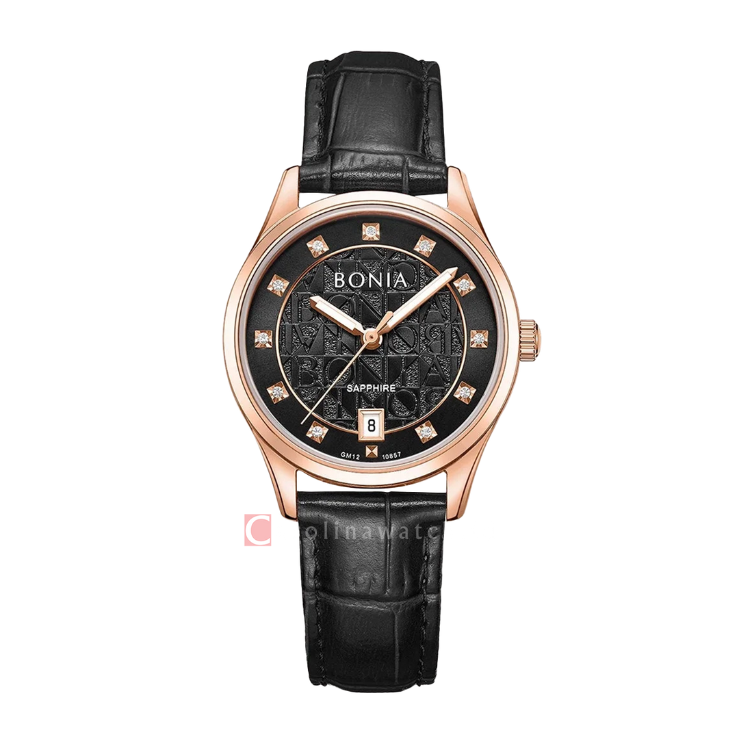 Jam Tangan BONIA B10857-2537 Women Black Dial Black Leather Strap