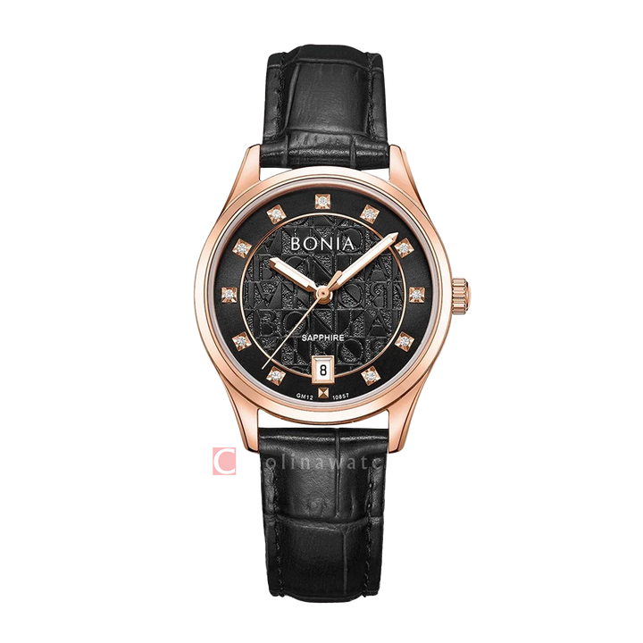 Jam Tangan BONIA B10857-2537 Women Black Dial Black Leather Strap