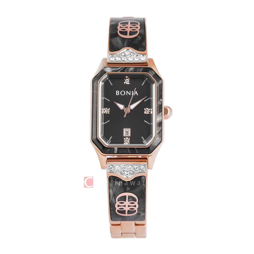 Jam Tangan BONIA B10859-2537 Women Black Dial Rose Gold Stainless Steel Strap
