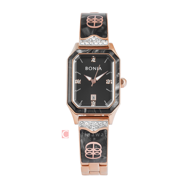 Jam Tangan BONIA B10859-2537 Women Black Dial Rose Gold Stainless Steel Strap