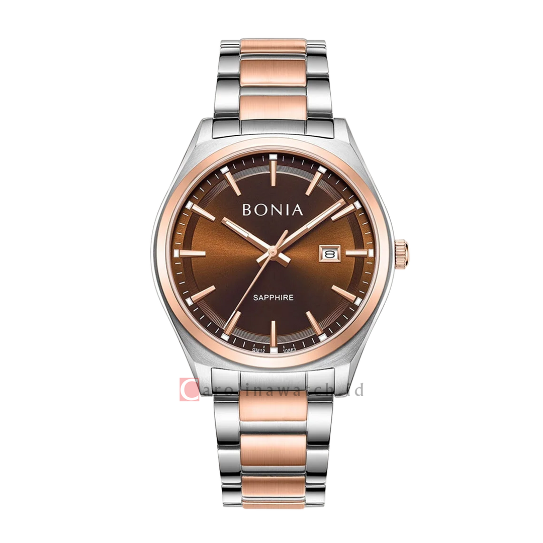 Jam Tangan BONIA B10863-1642 Men Brown Dial Dual Tone Stainless Steel Strap