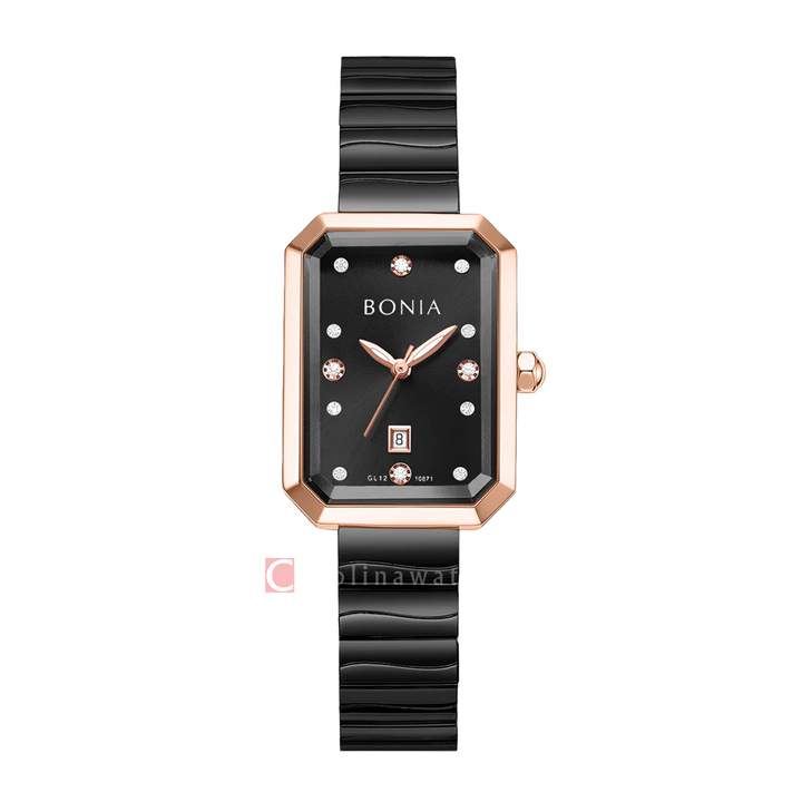 Jam Tangan BONIA Elegance B10871-2037 Women Black Dial Black Stainless Steel Strap