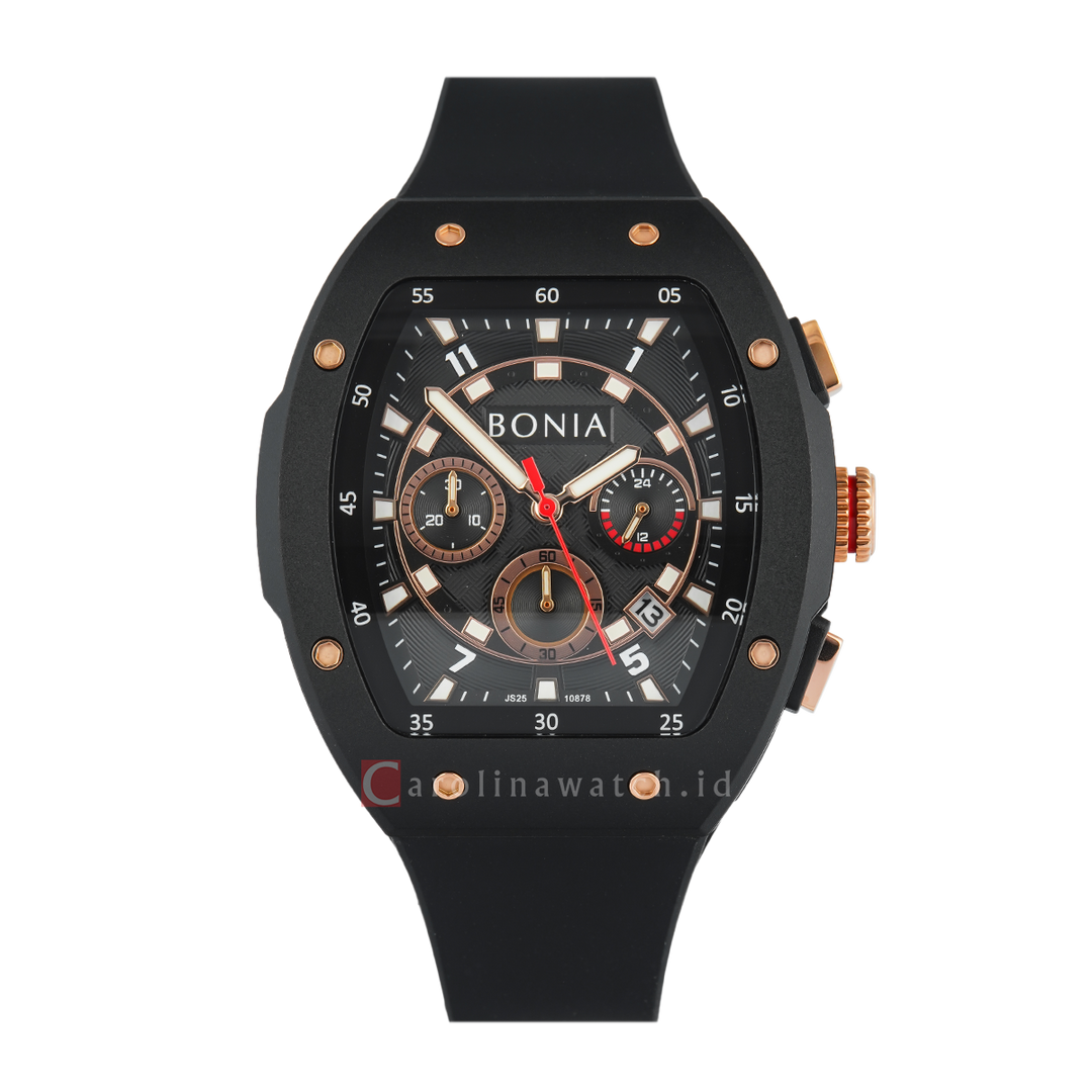 Jam Tangan BONIA Chronograph B10878-1932C Men Black Dial Black Rubber Strap