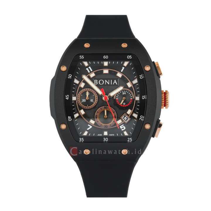 Jam Tangan BONIA Chronograph B10878-1932C Men Black Dial Black Rubber Strap