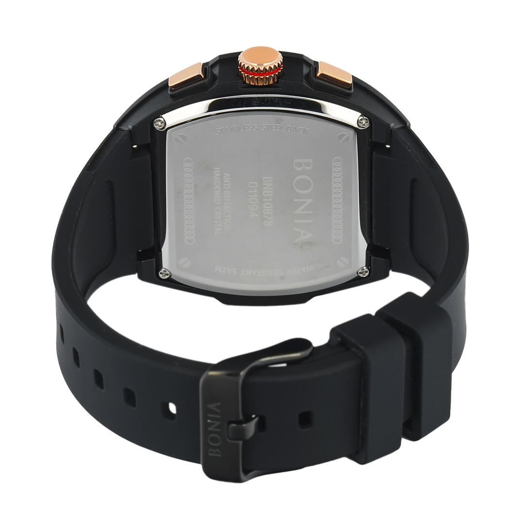 Jam Tangan BONIA Chronograph B10878-1932C Men Black Dial Black Rubber Strap