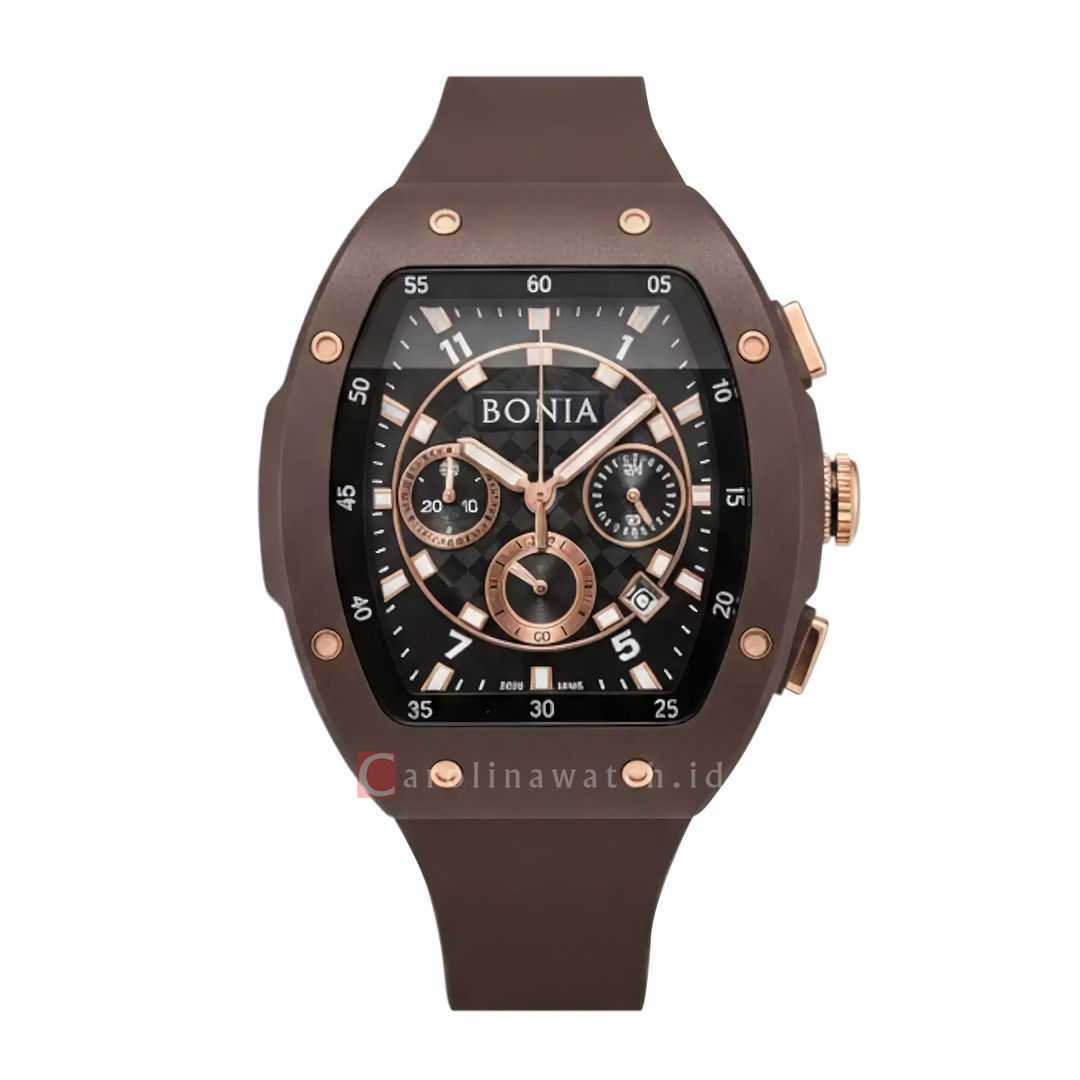 Jam Tangan BONIA Chronograph B10878-1942C Men Black Dial Brown Silicone Strap