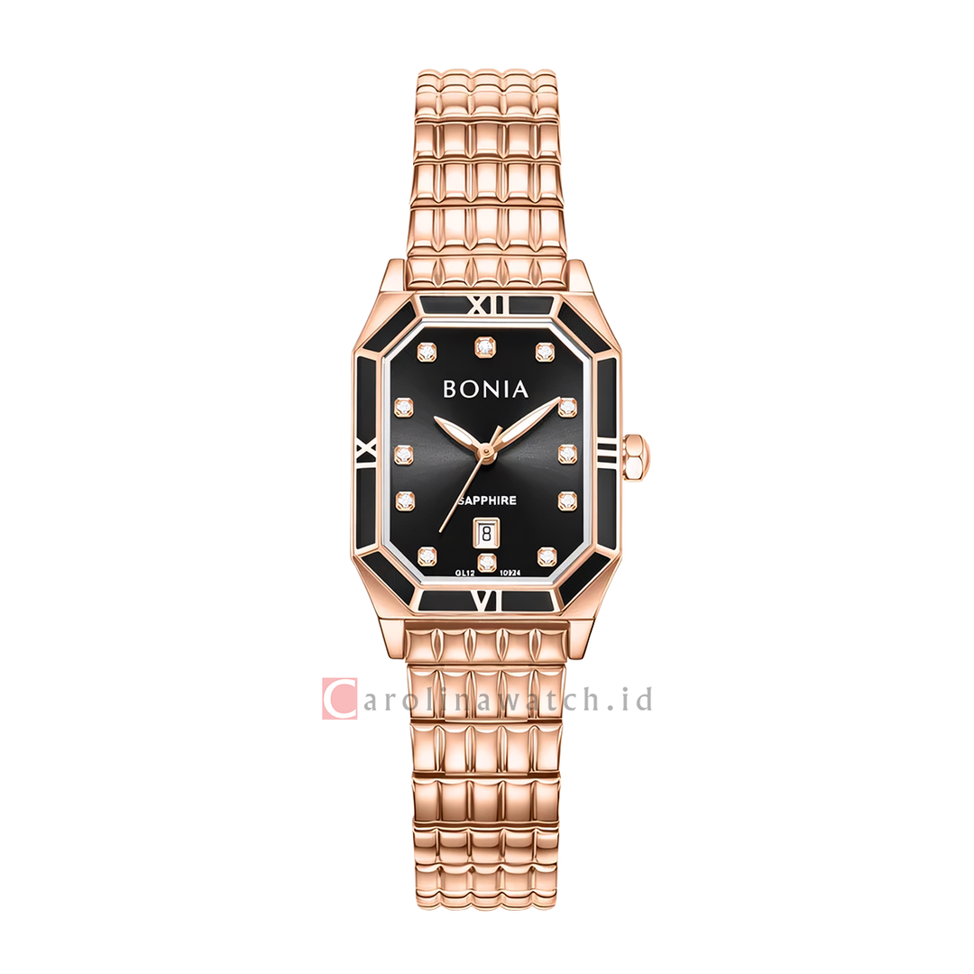 Jam Tangan BONIA Elegance B10924-2537 Women Black Dial Rose Gold Stainless Steel Strap