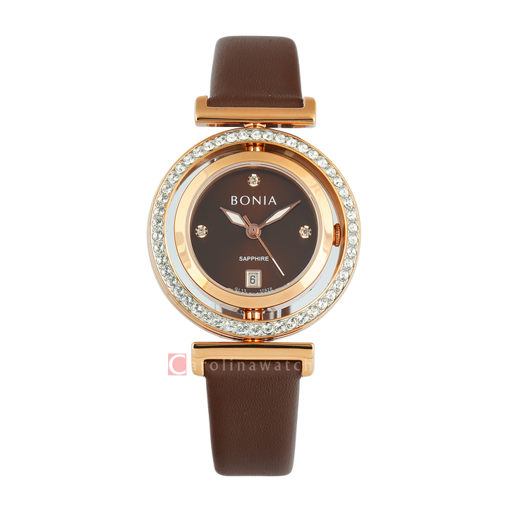 Jam Tangan Bonia Elegance B10926-2547S Women Brown Dial Brown Leather Strap