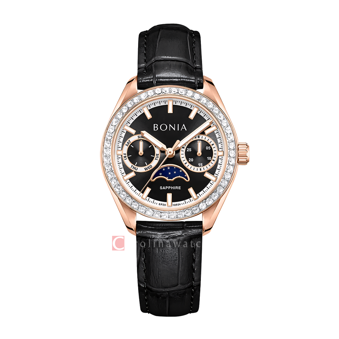 Jam Tangan BONIA Contemporary B10934-2532S Women Black Dial Black Leather Strap