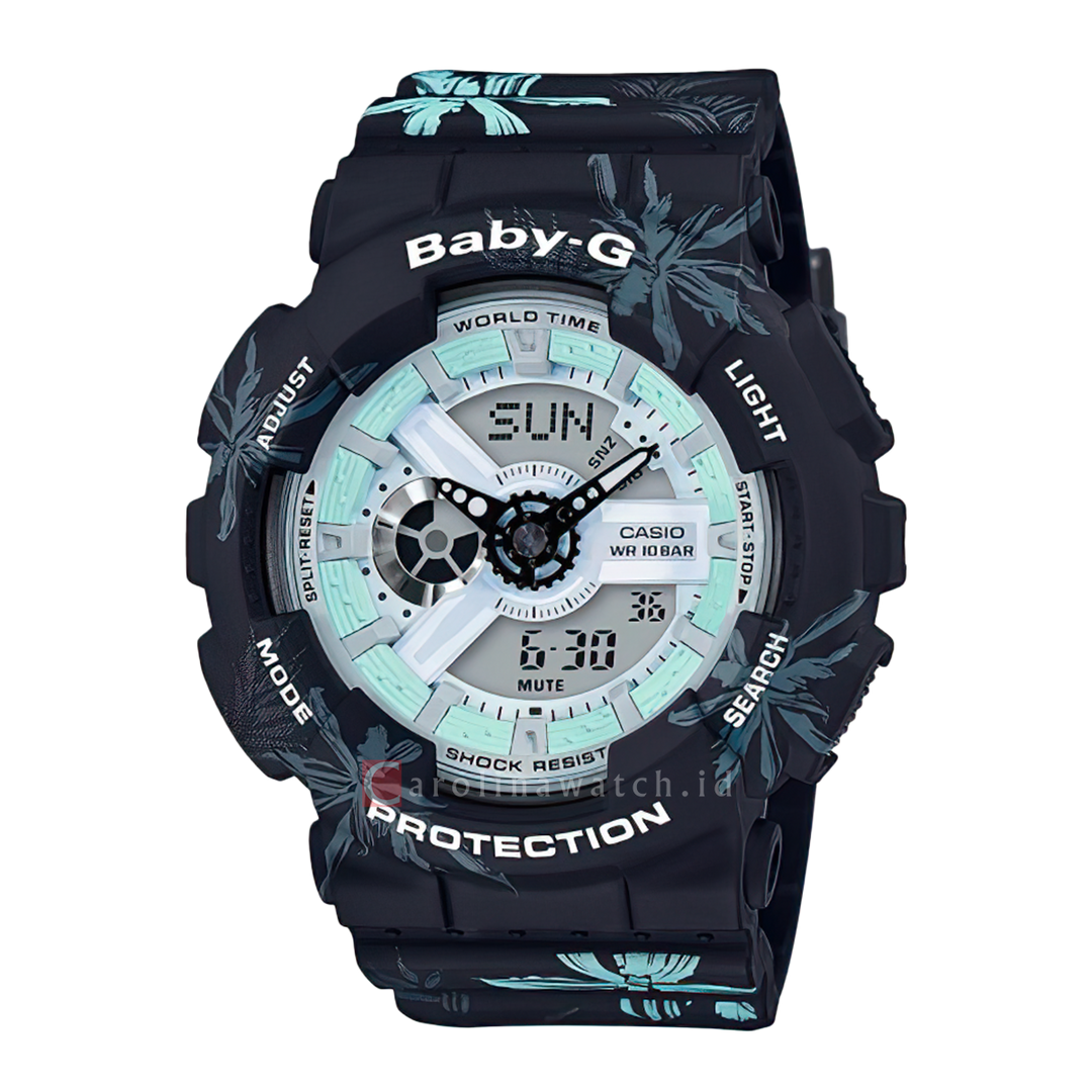 Jam Tangan Casio Baby-G BA-110CF-1A Summer Flower Women Digital Analog Dial Black Resin Band