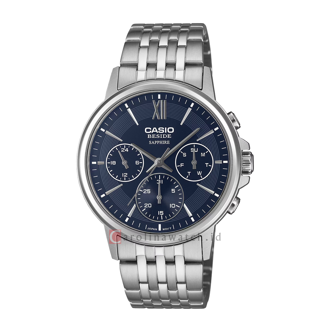 Jam Tangan Casio Chronograph BMS-300D-2A Men Blue Dial Stainless Steel Band