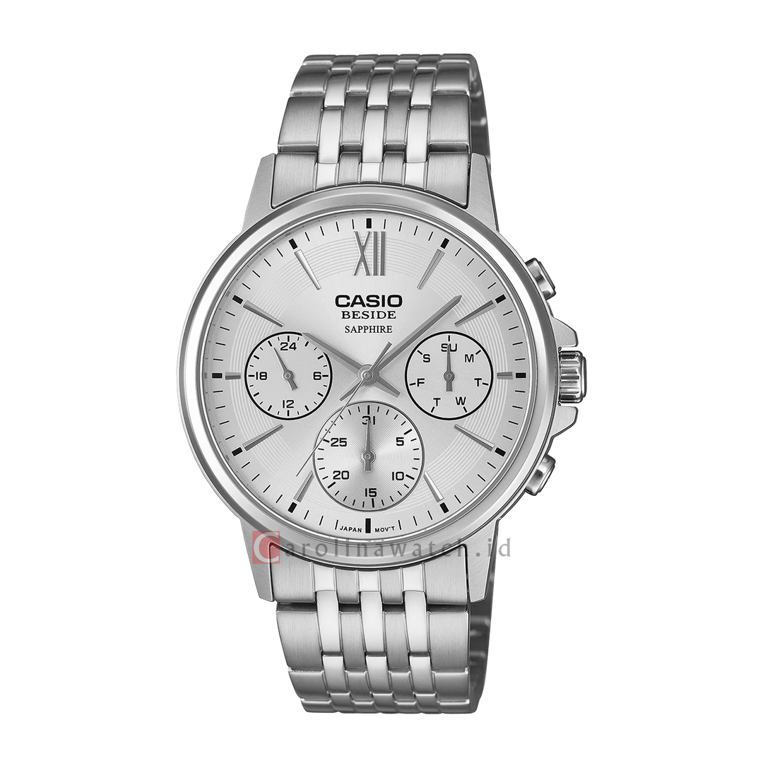 Jam Tangan Casio Chronograph BMS-300D-7A Men Silver Dial Stainless Steel Band