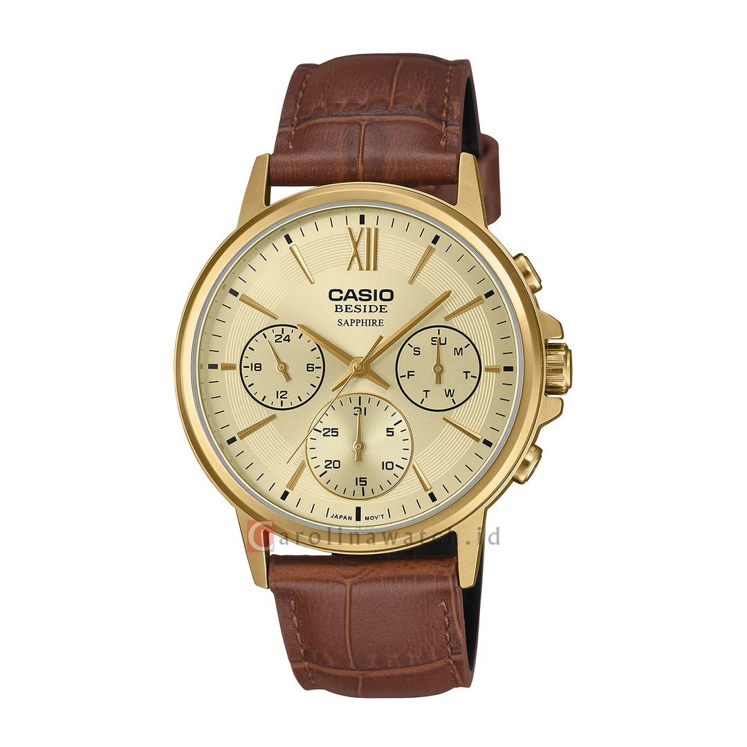 Jam Tangan Casio Chronograph BMS-300GL-5A Men Gold Dial Brown Leather Strap