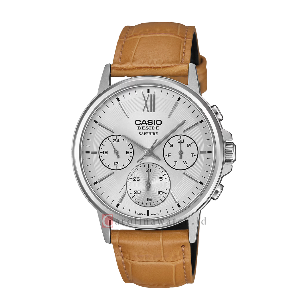 Jam Tangan Casio Chronograph BMS-300L-5A Men Silver Dial Brown Leather Band