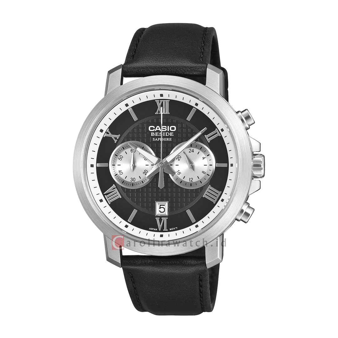 Jam Tangan Casio General BMS-500L-1A Men Chronograph Black Dial Black Genuine Leather Band