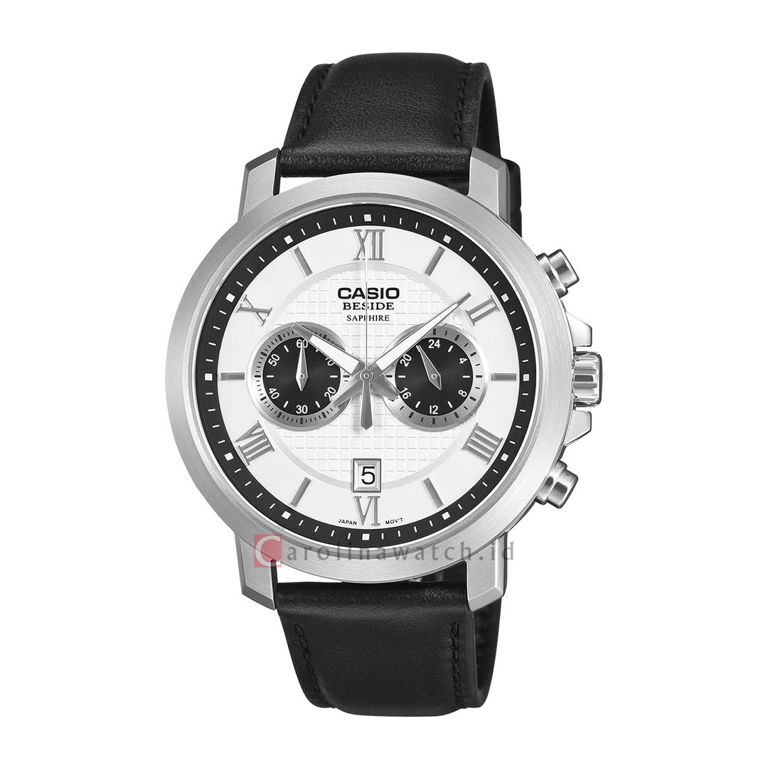 Jam Tangan Casio General BMS-500L-7A Men Chronograph White Dial Black Genuine Leather Band