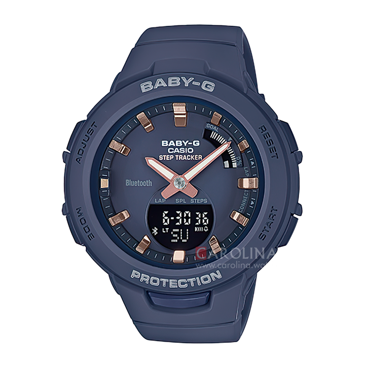 Jam Tangan Casio BABY G BSA-B100-2A Women Step Tracker Digital Analog Dial Blue Resin Band