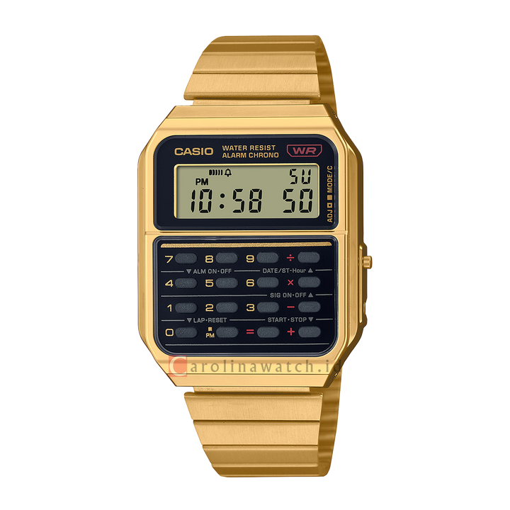 Jam Tangan Casio General CA-500WEG-1A Unisex Calculator Model Digital Dial Gold Stainless Steel Band