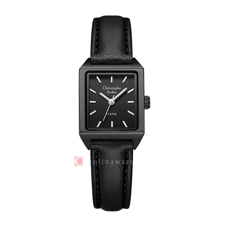 Jam Tangan Christophe Arden CA 1004 LHLIPBA Women Black Dial Black Leather Strap